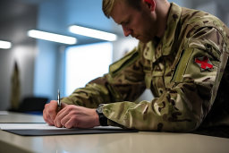 un hombre con uniforme militar escribiendo en un trozo de papel