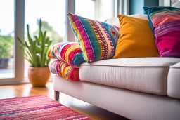 a couch with colorful pillows and blankets