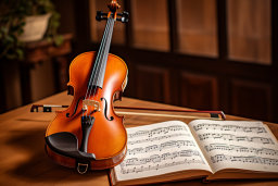 Violin and Sheet Music on Table