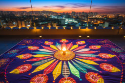Colorful Rangoli on a Terrace at Dusk