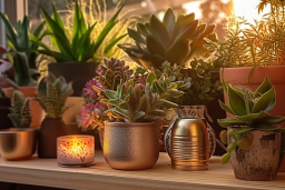a group of potted plants on a shelf