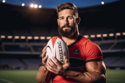 Rugby Player Holding Ball at Stadium