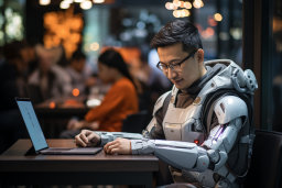 Robot in Futuristic Armor Using Laptop