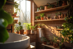 a room with shelves of plants and a bathtub