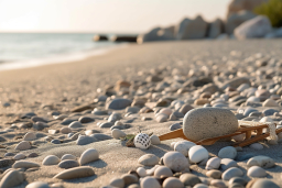 Pebbles on Beach with Miniature Rake and Ball