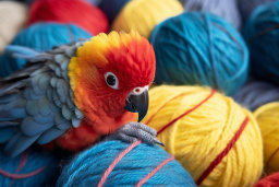 Colorful Parrot Among Yarn Balls