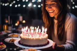 a woman smiling at a cake with candles