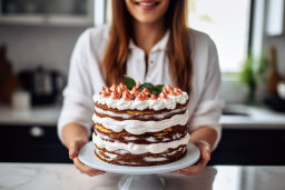 a woman holding a cake