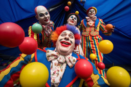 Group of Colorful Clowns with Balloons