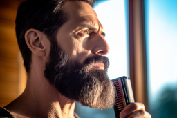 a man with a beard holding a hair clipper
