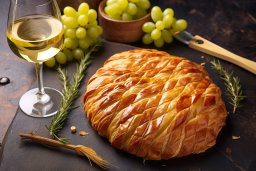 a pastry with grapes and a glass of wine
