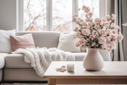 Cozy Interior with Flowers and Sofa