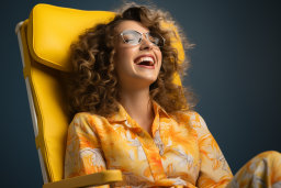 a woman sitting in a chair laughing