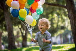 a child holding a bunch of balloons