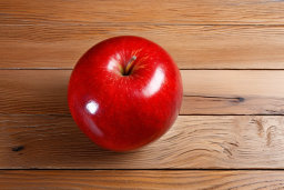 a red apple on a wood surface