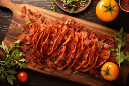 une planche à découper avec du bacon et des tomates