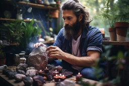Un uomo con la barba e capelli lunghi seduti da un tavolo con rocce e candele