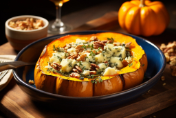a baked pumpkin with cheese and nuts on a blue plate