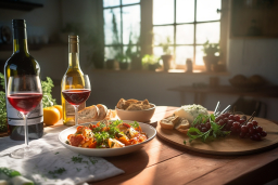 Une assiette de nourriture et un verre de vin sur une table