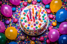 Colorful Birthday Cake and Balloons