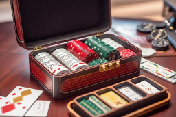 Eine Schachtel voller Pokerchips und Karten