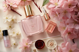 Une bouteille de parfum rose à côté de fleurs roses
