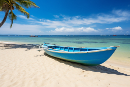 a blue boat on a beach