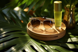 Sunglasses and Skincare Product on Tropical Background