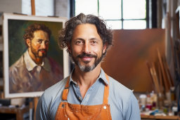 Artist in Studio with Paintings