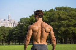 Muscular Man Overlooking City Park