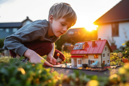 a boy playing with a toy house