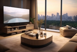 a living room with a large television and a city view