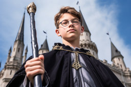a boy wearing glasses and a cape holding a staff