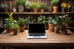 a laptop on a table with potted plants