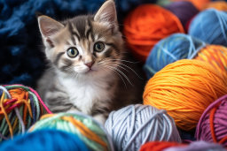 a kitten lying in a pile of yarn