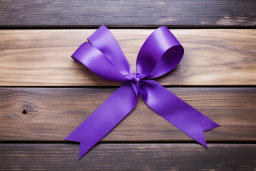 a purple ribbon on a wood surface
