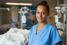 a woman in blue scrubs smiling