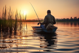 a man in a boat with a fishing pole