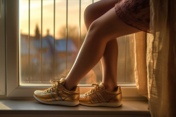 Les jambes et les chaussures d'une personne sur un rebord de fenêtre