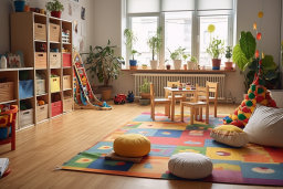 Une pièce avec un tapis coloré et des jouets