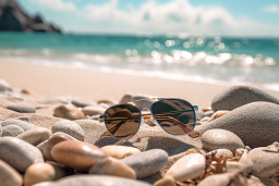 sunglasses on a beach with rocks