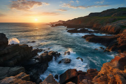 a rocky coastline with a body of water and a sunset