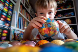 a boy holding a globe