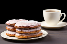 a stack of cookies on a plate next to a cup of coffee