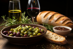 Un bol d'olives et du pain avec du vin et un verre de vin