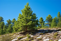 Pine Trees on Rocky Slope Under Blue Sky