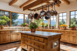 a kitchen with pots from a ceiling