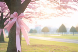 a pink ribbon tied to a tree