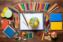 Colorful School Supplies and Globe on Desk