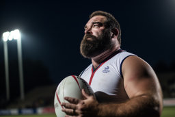 Rugby Player Holding a Ball at Night
